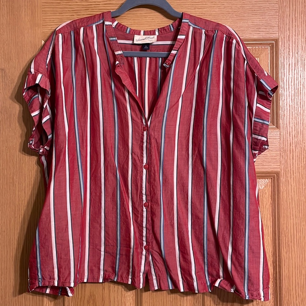 Red button down with blue and white stripes
